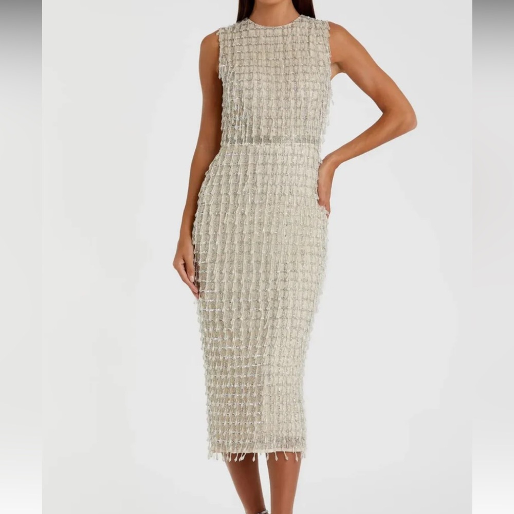 Mac Duggal Cream Textured Midi Dress